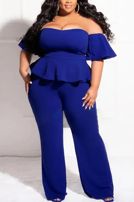 Plus Size Off-The-Shoulder Ruffle Zip-up Jumpsuit