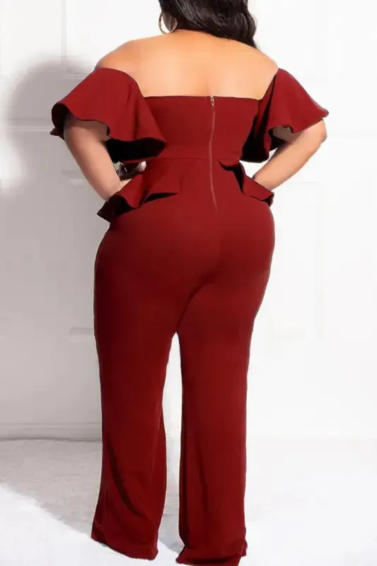 Plus Size Off-The-Shoulder Ruffle Zip-up Jumpsuit
