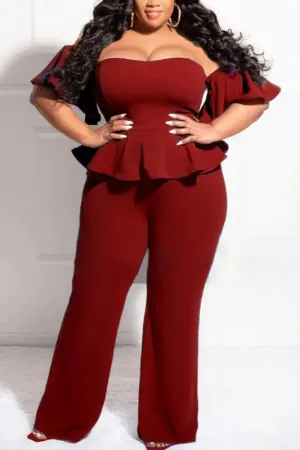 Plus Size Off-The-Shoulder Ruffle Zip-up Jumpsuit