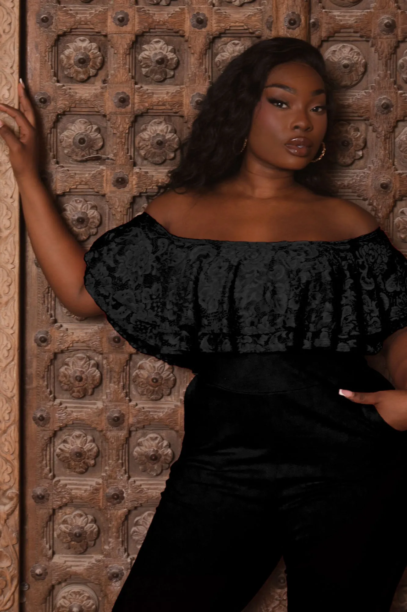 Plus Size Rosalinda Frill Lace Jumpsuit- Black