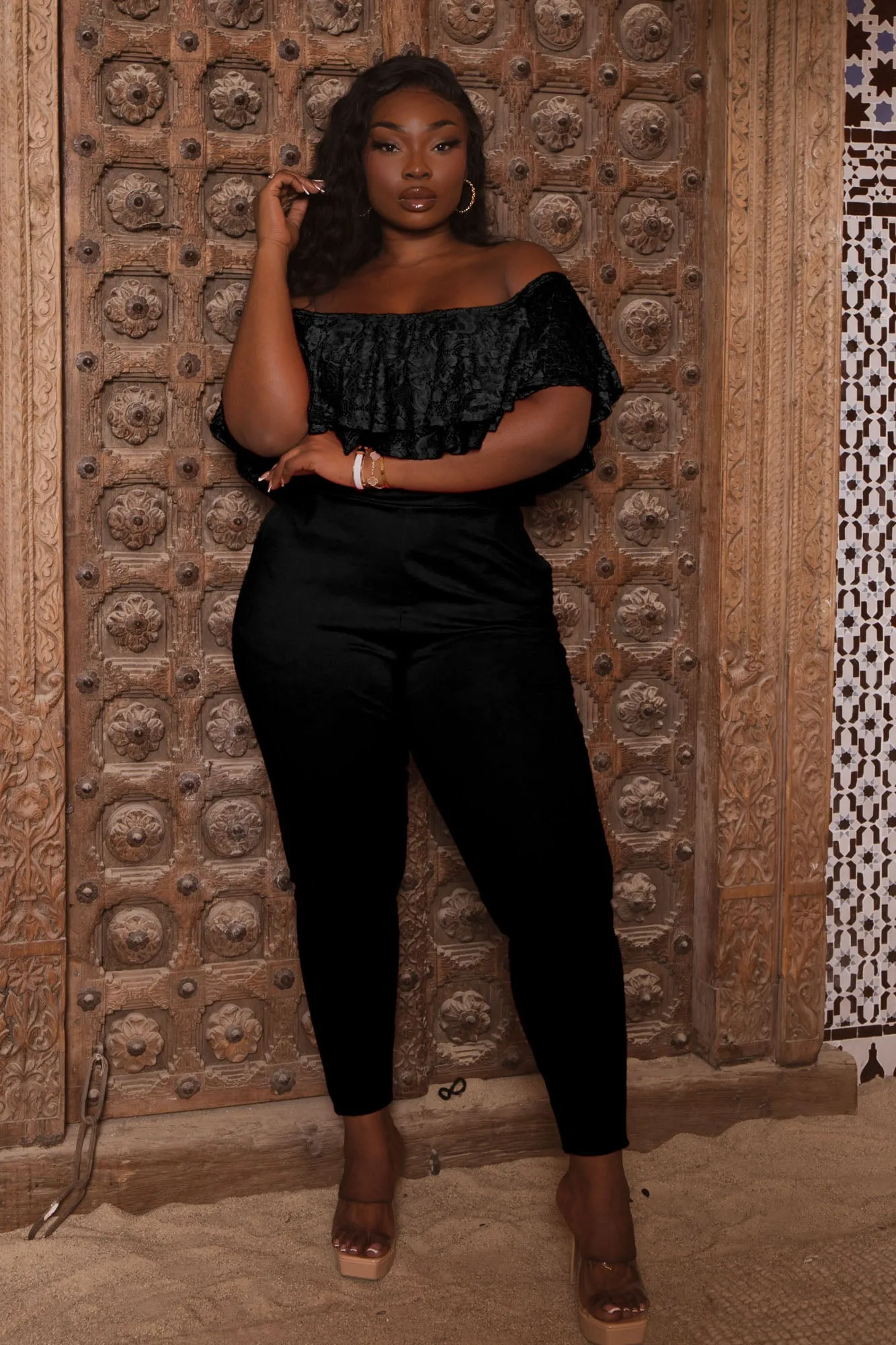 Plus Size Rosalinda Frill Lace Jumpsuit- Black