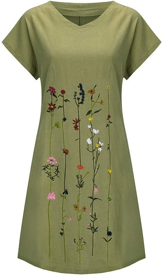 Plus Size Summer Dresses for Women Casual Loose Floral Print Midi Dresses V Neck Short Sleeve A Line Womens Dresses