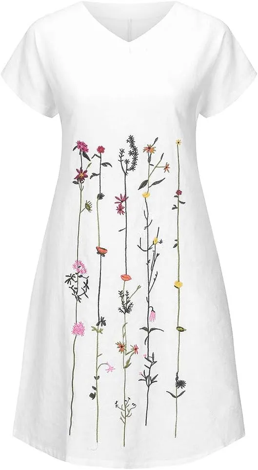 Plus Size Summer Dresses for Women Casual Loose Floral Print Midi Dresses V Neck Short Sleeve A Line Womens Dresses