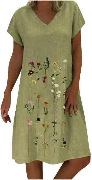 Plus Size Summer Dresses for Women Casual Loose Floral Print Midi Dresses V Neck Short Sleeve A Line Womens Dresses