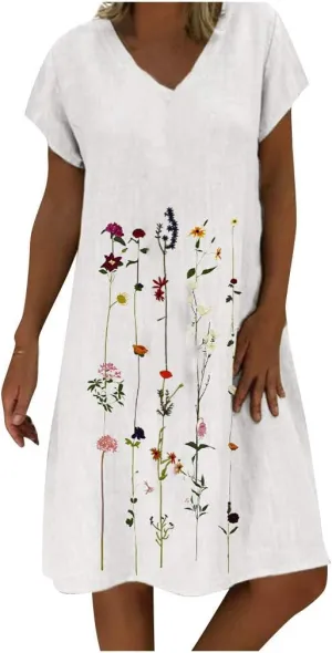 Plus Size Summer Dresses for Women Casual Loose Floral Print Midi Dresses V Neck Short Sleeve A Line Womens Dresses