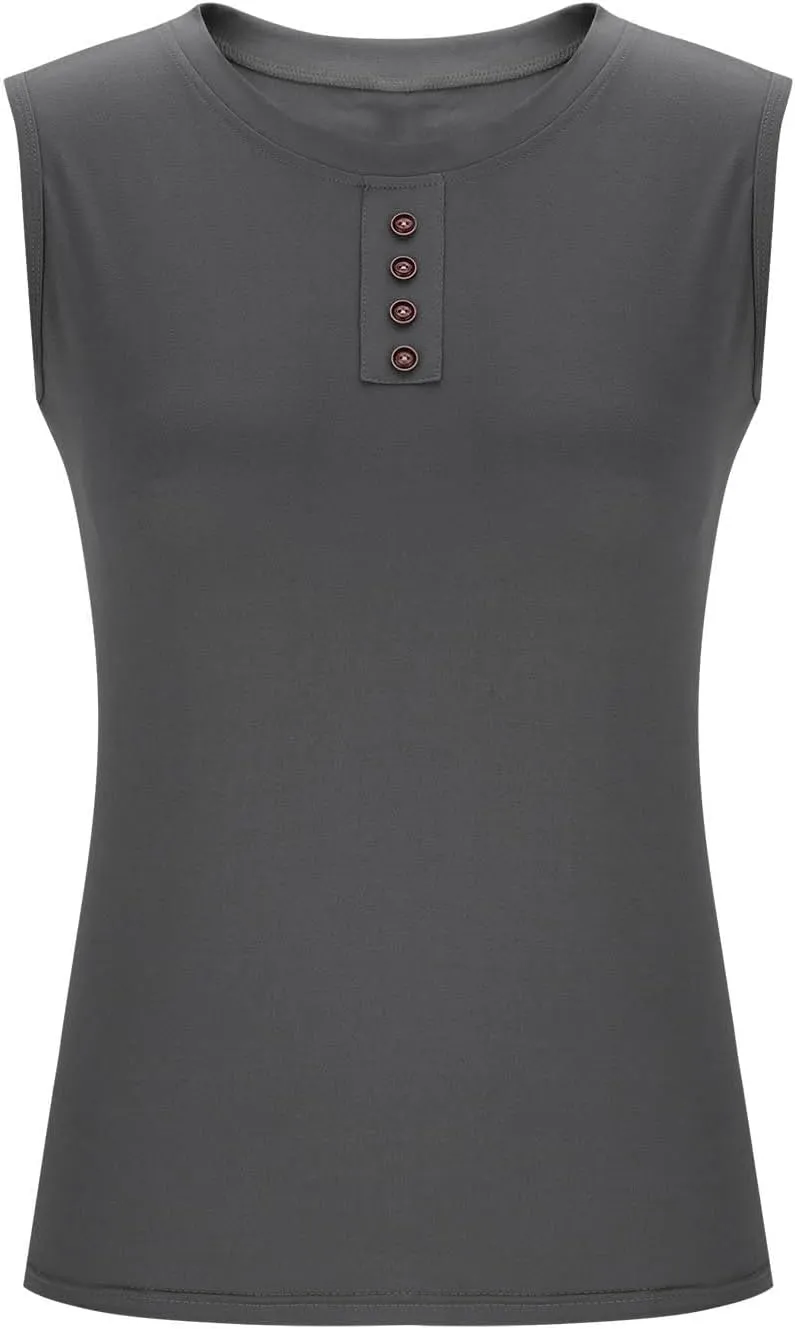 Plus Size Tank Tops for Women Solid Basic Sleeveless Crew Neck Button T-Shirt Casual Loose Fit Yoga Workout Blouse