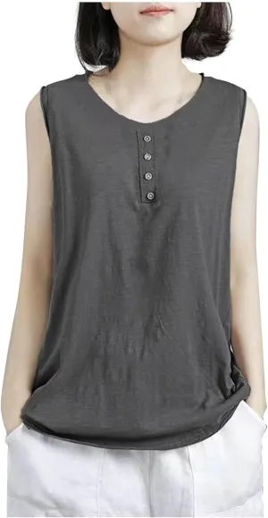 Plus Size Tank Tops for Women Solid Basic Sleeveless Crew Neck Button T-Shirt Casual Loose Fit Yoga Workout Blouse