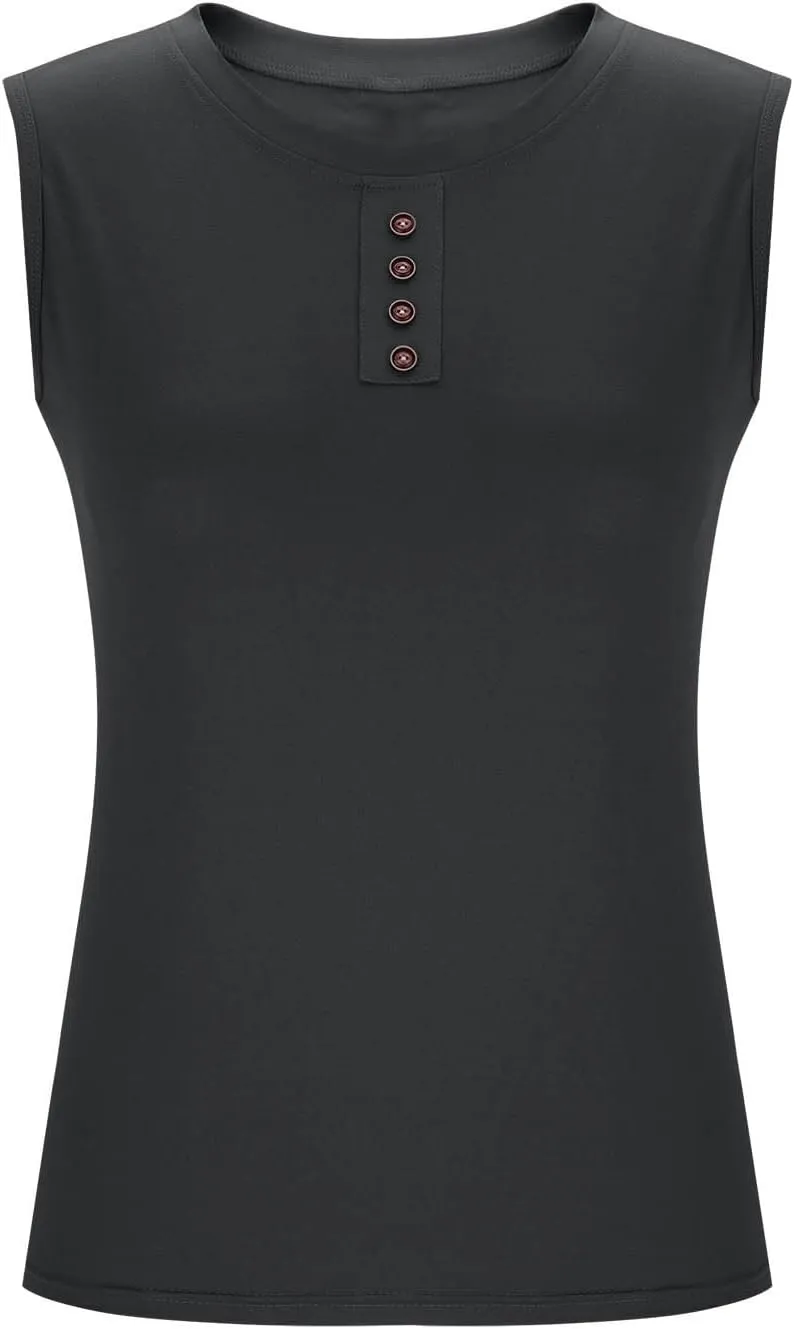 Plus Size Tank Tops for Women Solid Basic Sleeveless Crew Neck Button T-Shirt Casual Loose Fit Yoga Workout Blouse