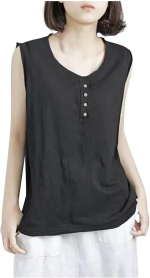 Plus Size Tank Tops for Women Solid Basic Sleeveless Crew Neck Button T-Shirt Casual Loose Fit Yoga Workout Blouse