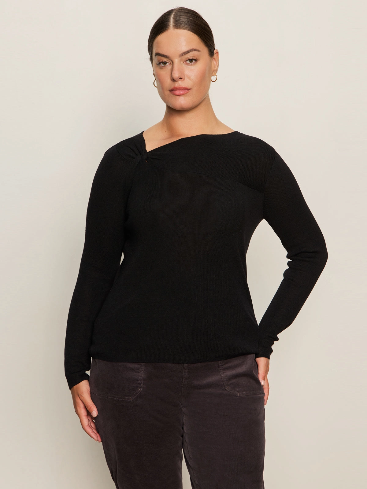 Long Sleeve Shoulder Twist Top Black Extended Sizing Layered Knit Structure Organic Cotton