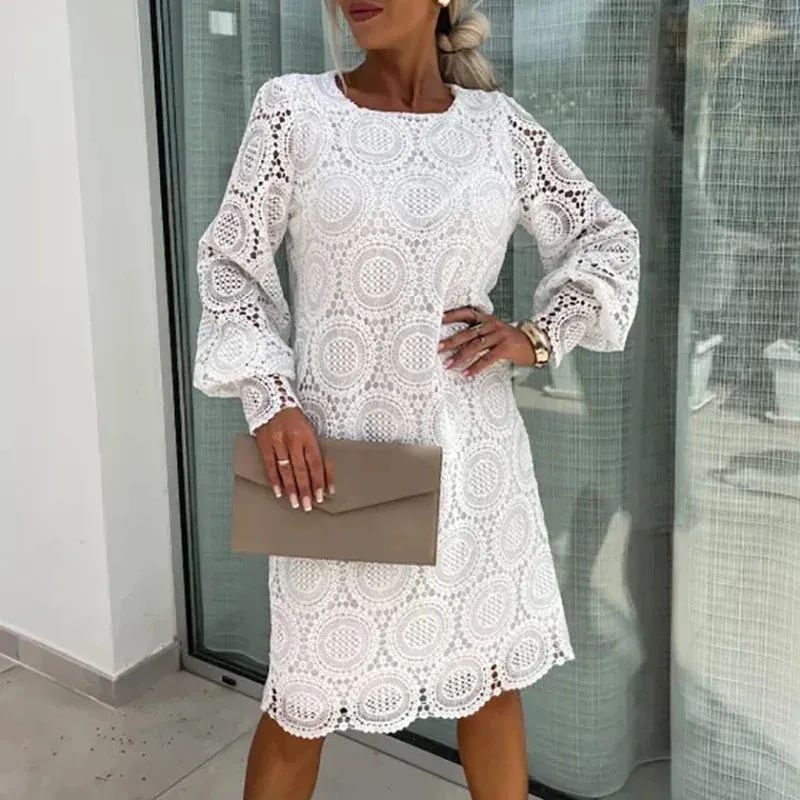 Pmystyle - Crochet Embroidery Lace Hollow Party Women Sexy O Neck A-Line Mini Dress