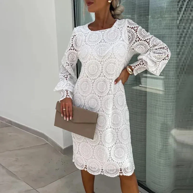 Pmystyle - Crochet Embroidery Lace Hollow Party Women Sexy O Neck A-Line Mini Dress