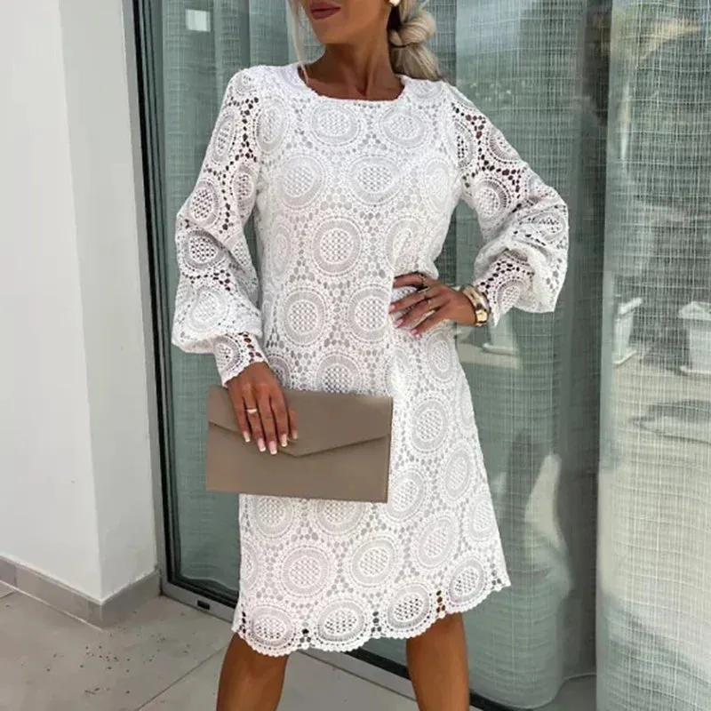 Pmystyle - Crochet Embroidery Lace Hollow Party Women Sexy O Neck A-Line Mini Dress