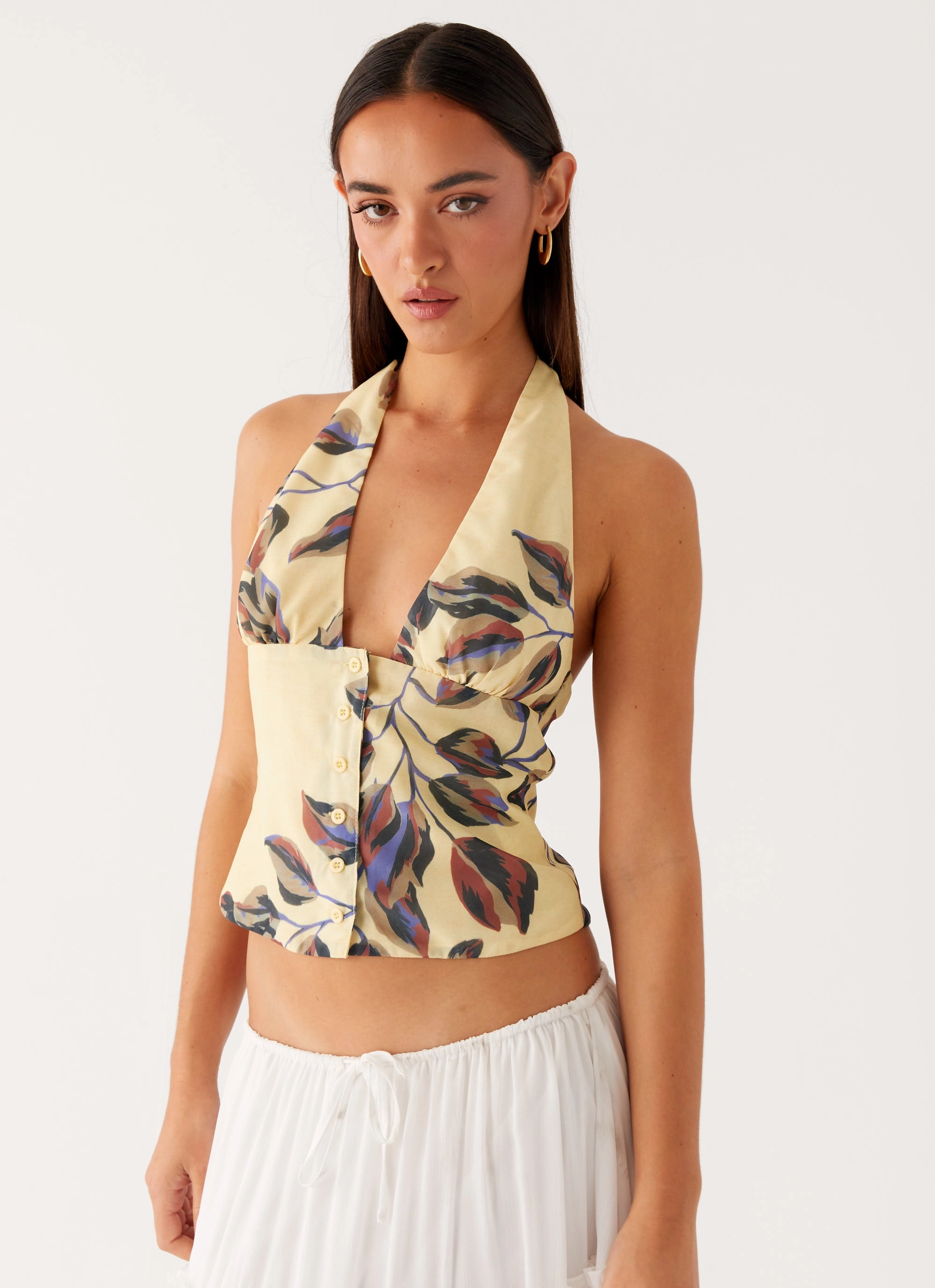 Devoted Halterneck Top - Buttercream Floral DurableDoubleLayeredHem Sleeveless Top