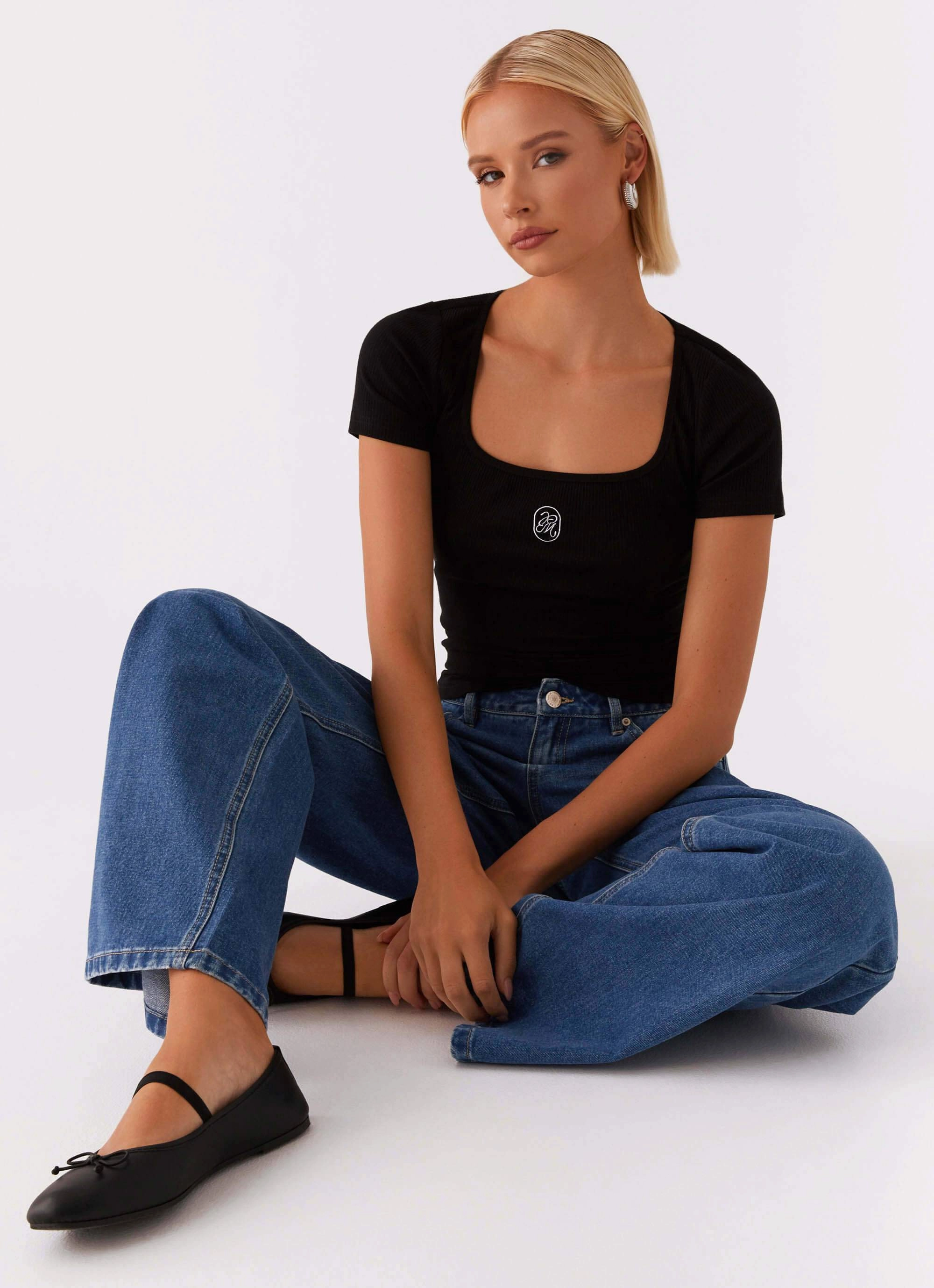 Signature Monogram Square Neck Top - Black Biodegradable Fiber DurableStitching