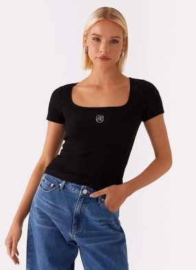 Pocket Friendly Design Signature Monogram Square Neck Top - Black DoubleStitched Construction Signature Monogram Square Neck Top - Black