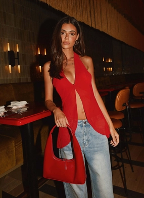 Pocket Placement Design At Last Halterneck Top - Rouge Red At Last Halterneck Top - Rouge Red Tear Resistant Weave DurableZipper