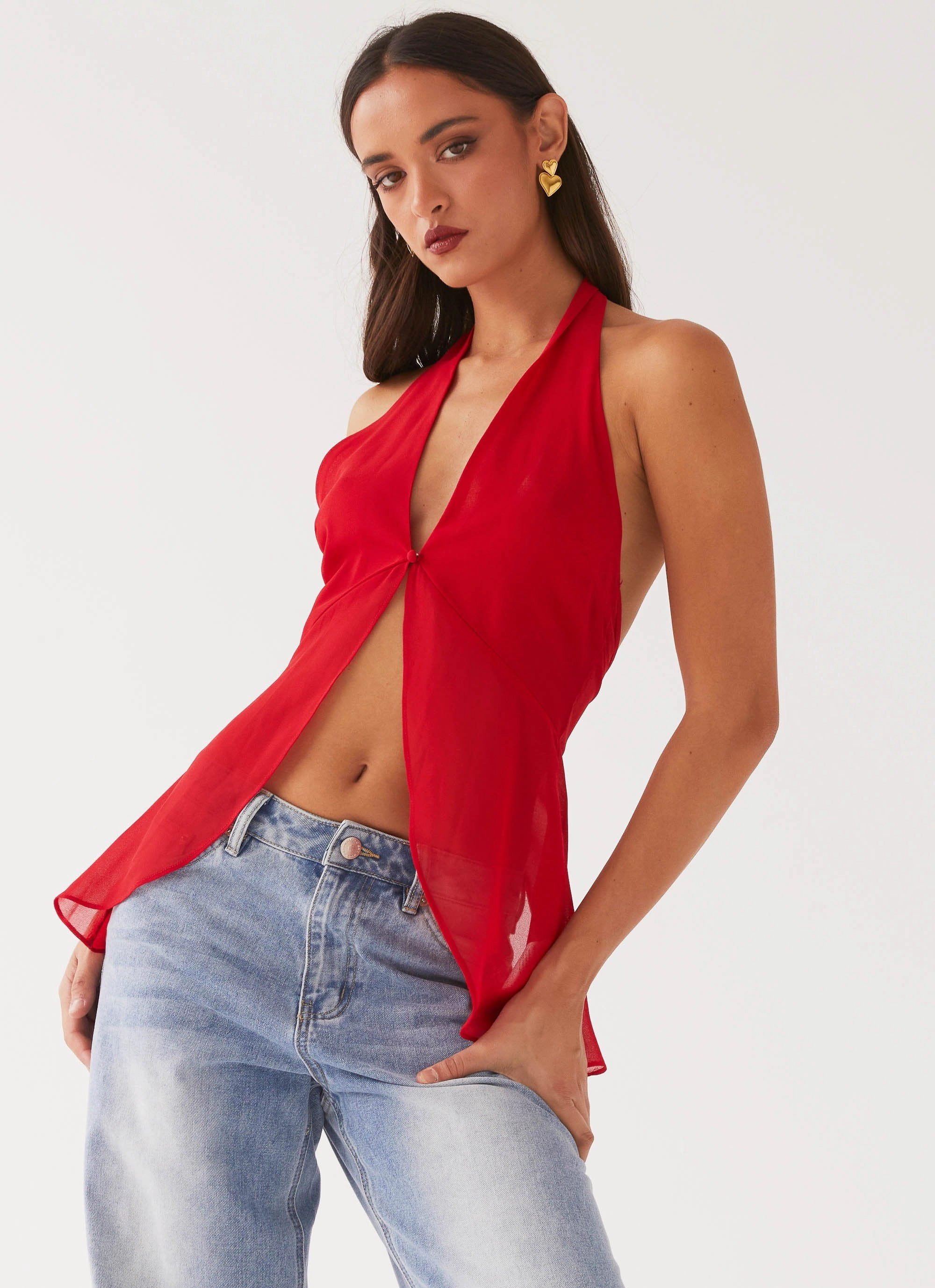 At Last Halterneck Top - Rouge Red Interlock Knit
