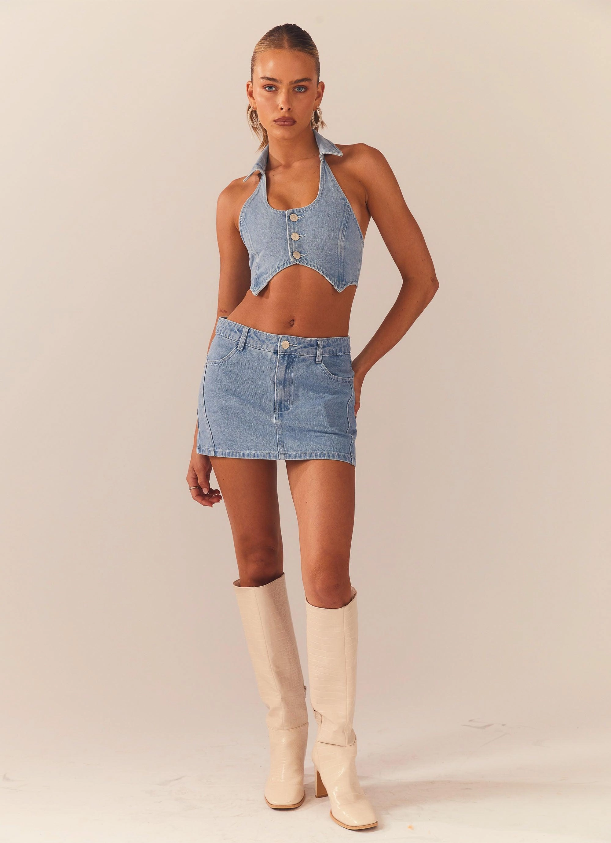 Sporty Cardigan Backstage Pass Denim Vest top - Subdued Blue