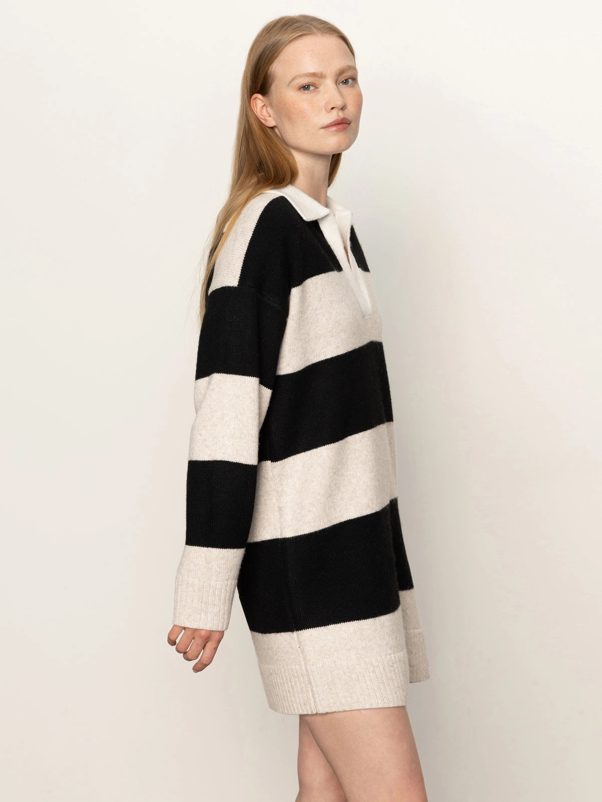 Sharp Profile All-Occasion Look Polo Striped Sweater Dress Heather Pearl W/ Black