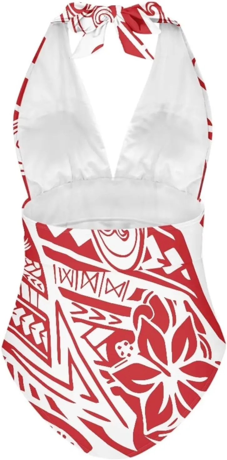 Polynesian Traditional Floral 2024 V-Neck One Piece Swimsuit Vintage Swimwear Women's Backless Sexy Tummy Control Swimwear