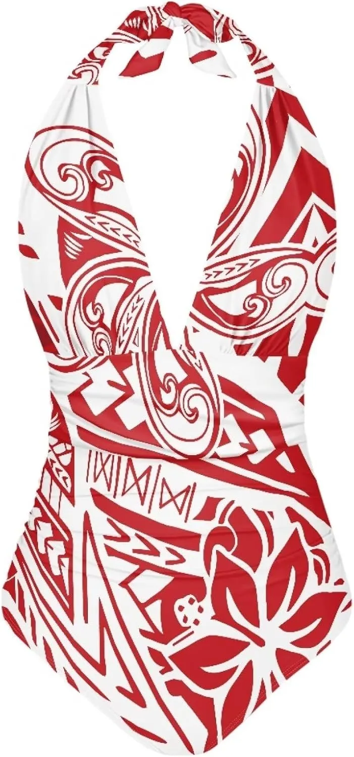 Polynesian Traditional Floral 2024 V-Neck One Piece Swimsuit Vintage Swimwear Women's Backless Sexy Tummy Control Swimwear