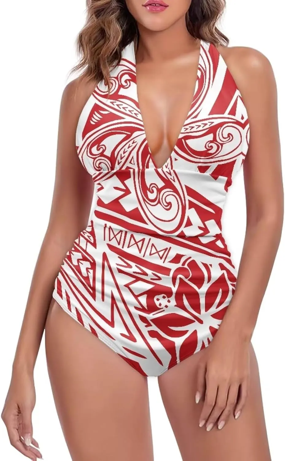 Polynesian Traditional Floral 2024 V-Neck One Piece Swimsuit Vintage Swimwear Women's Backless Sexy Tummy Control Swimwear