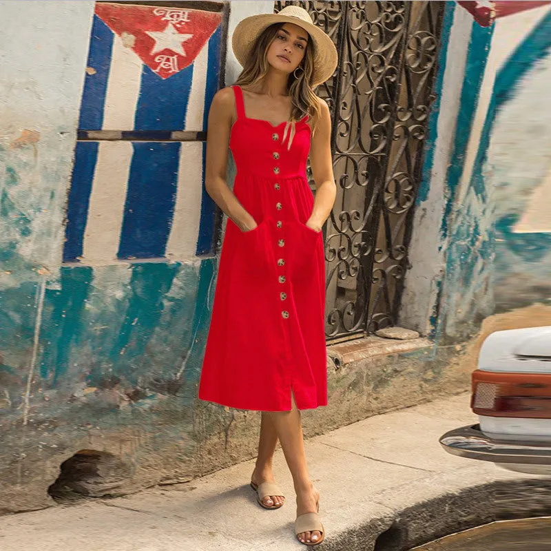 Popular Trendy Pocket Button Strap Splitted Dress Women Pocket Dress