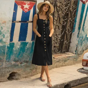 Popular Trendy Pocket Button Strap Splitted Dress Women Pocket Dress