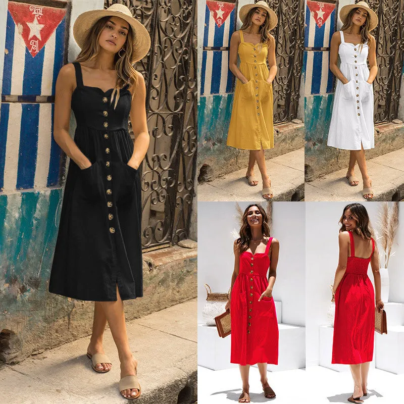 Popular Trendy Pocket Button Strap Splitted Dress Women Pocket Dress