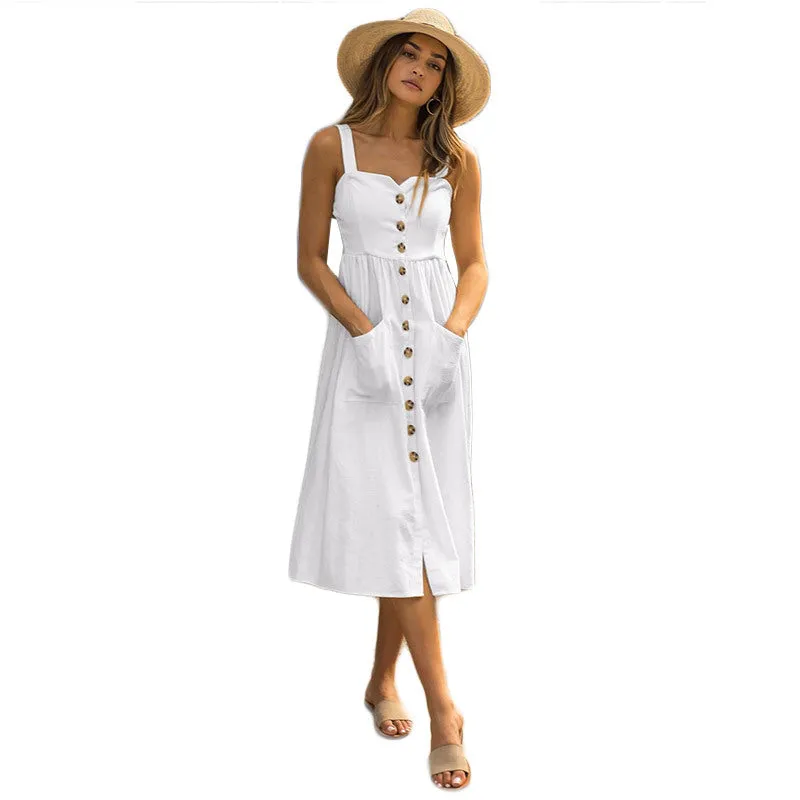 Popular Trendy Pocket Button Strap Splitted Dress Women Pocket Dress