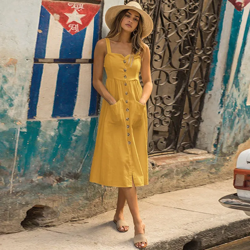 Popular Trendy Pocket Button Strap Splitted Dress Women Pocket Dress