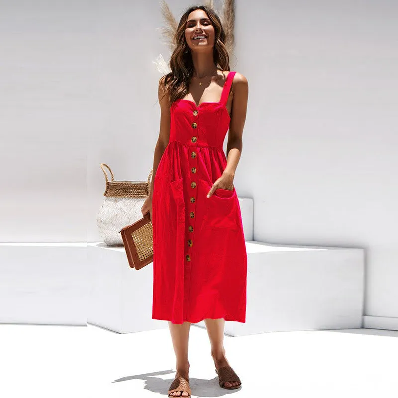 Popular Trendy Pocket Button Strap Splitted Dress Women Pocket Dress