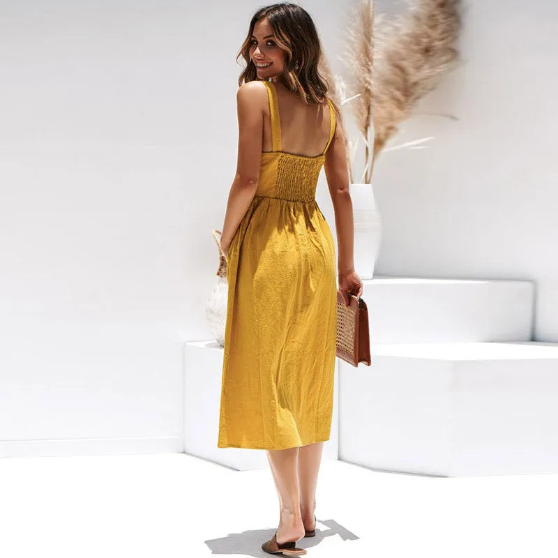 Popular Trendy Pocket Button Strap Splitted Dress Women Pocket Dress