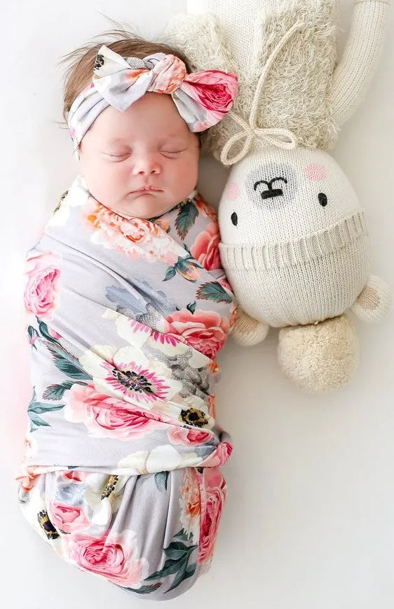 Posh Peanut French Gray Floral Swaddle & Headband Set