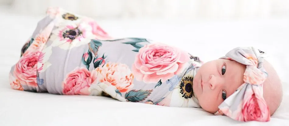 Posh Peanut French Gray Floral Swaddle & Headband Set