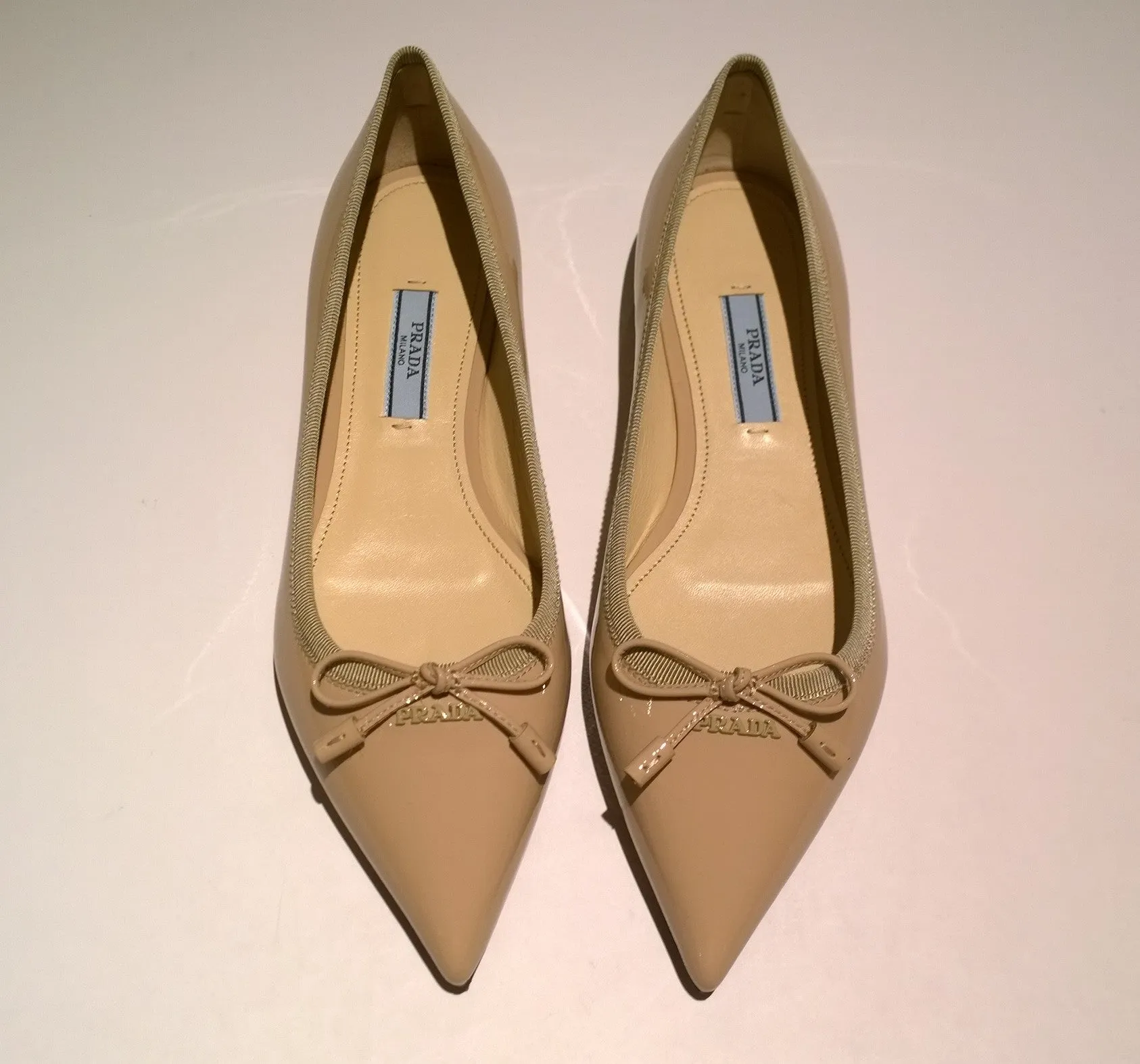Prada Bow Pointy Ballet Flats in Cipria Nude Patent Leather Shoes