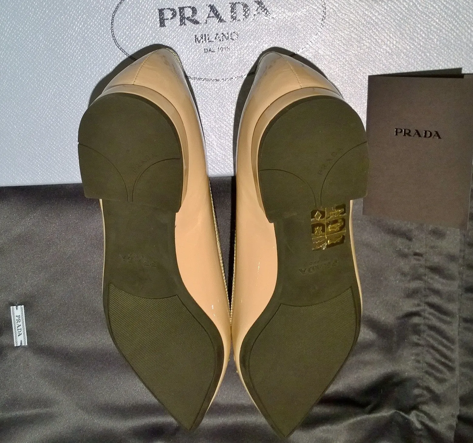 Prada Bow Pointy Ballet Flats in Cipria Nude Patent Leather Shoes
