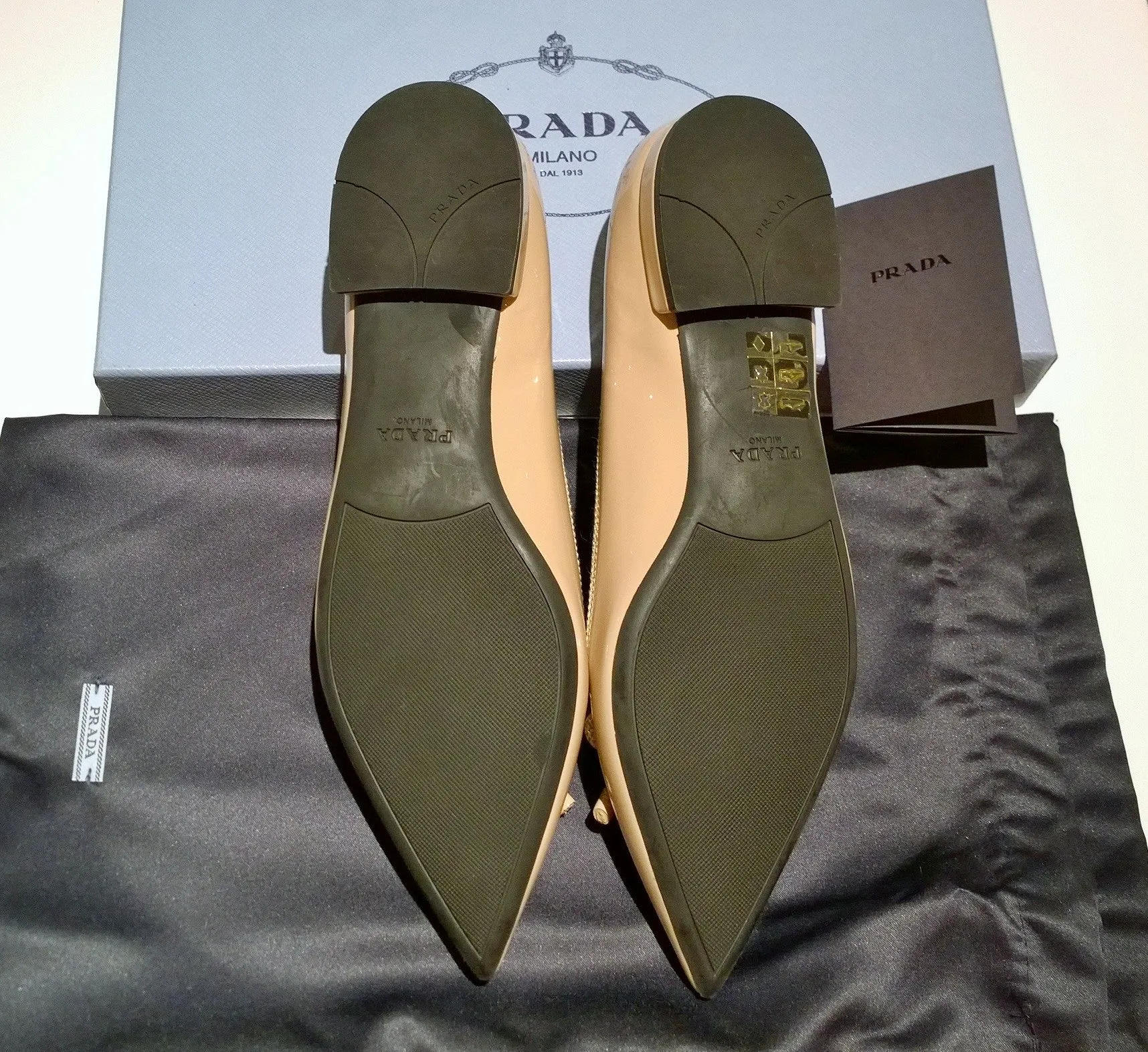 Prada Bow Pointy Ballet Flats in Cipria Nude Patent Leather Shoes