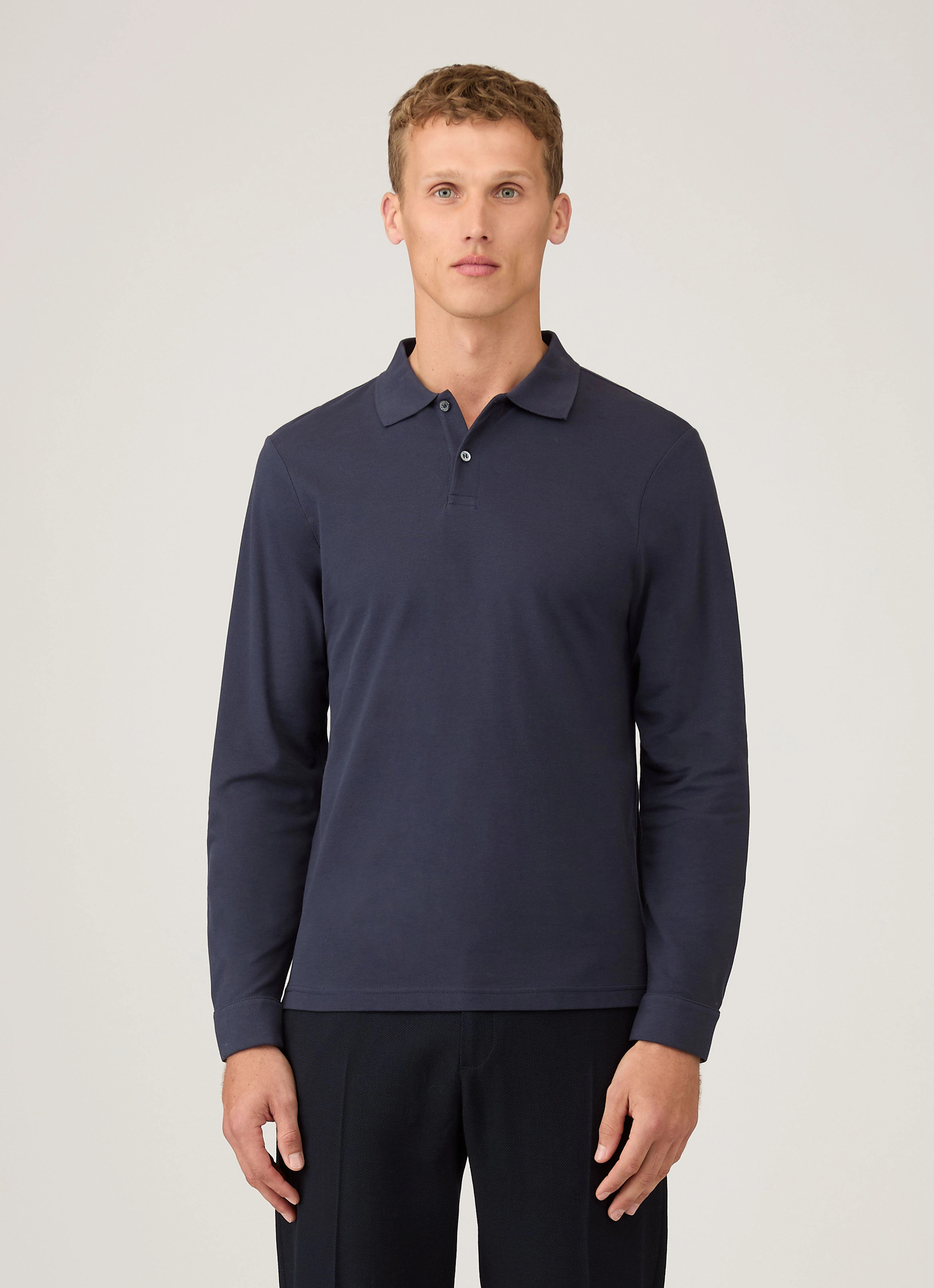 Luxury Look Travel Staple Men's Long Sleeve Piqu?? Polo Shirt in Navy