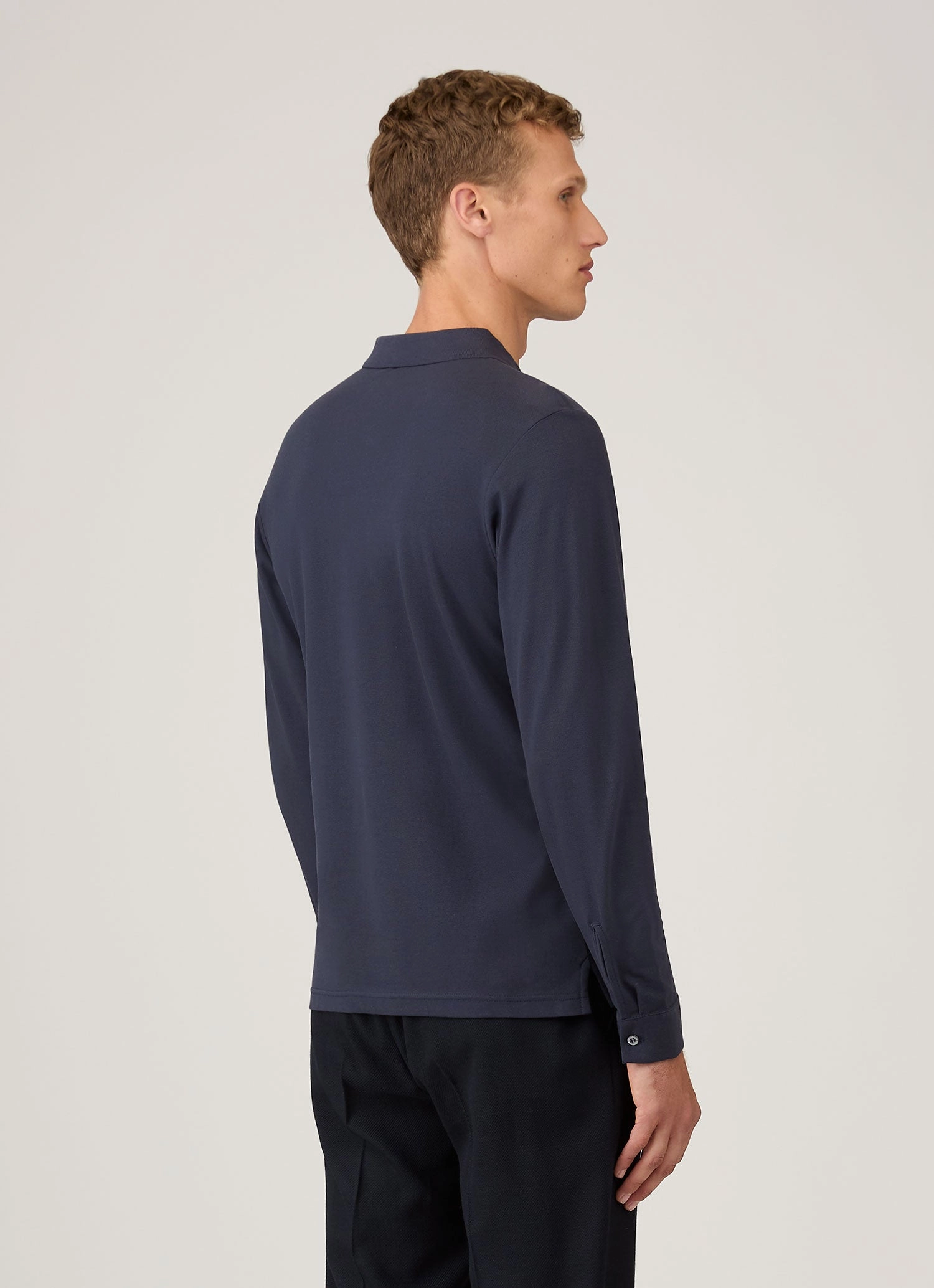 Men's Long Sleeve Piqu?? Polo Shirt in Navy Club Event Performance Fabric
