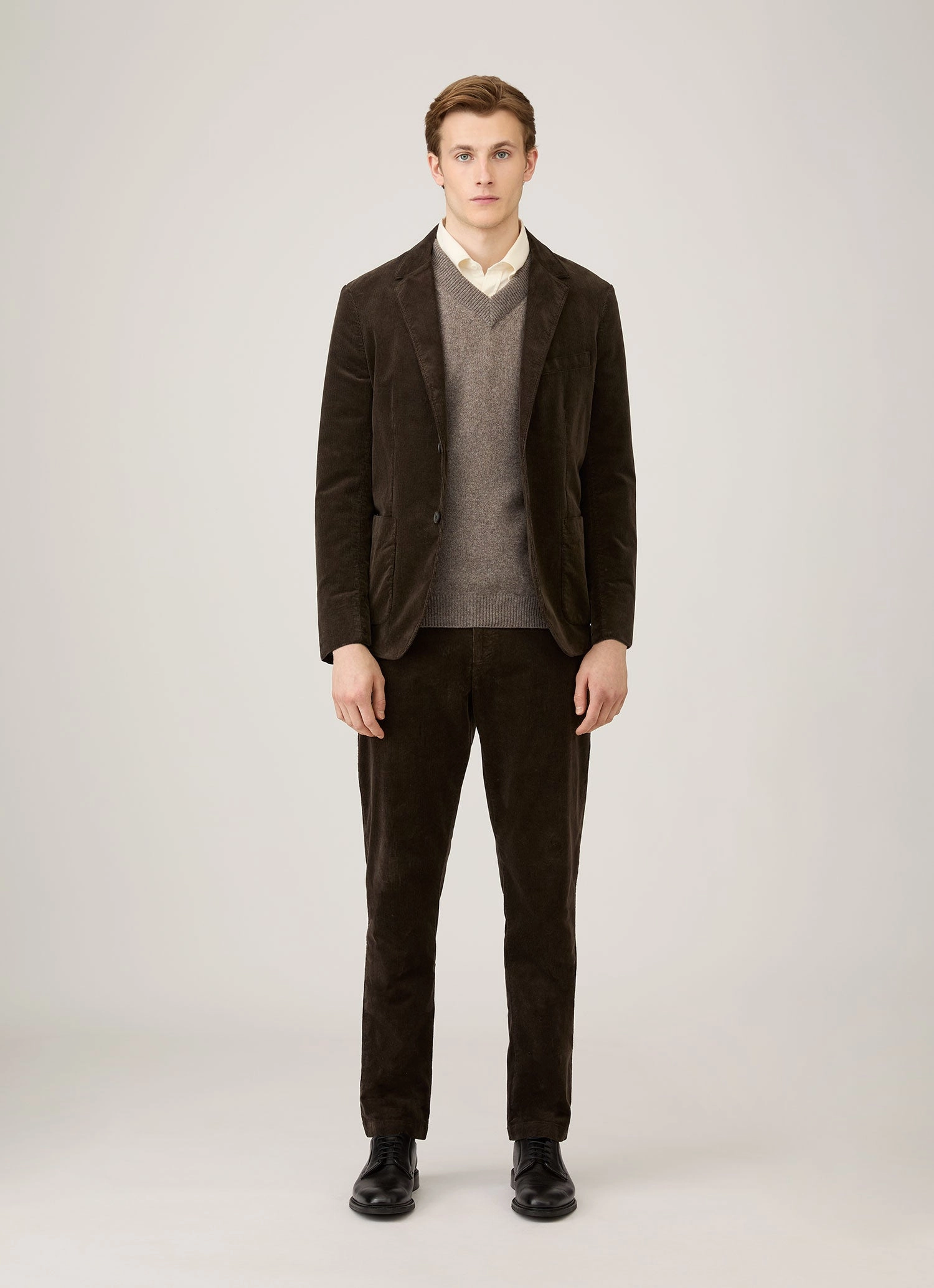 YarnDyed Stripes Home Warmth Men's Lambswool V-neck Jumper in Bark