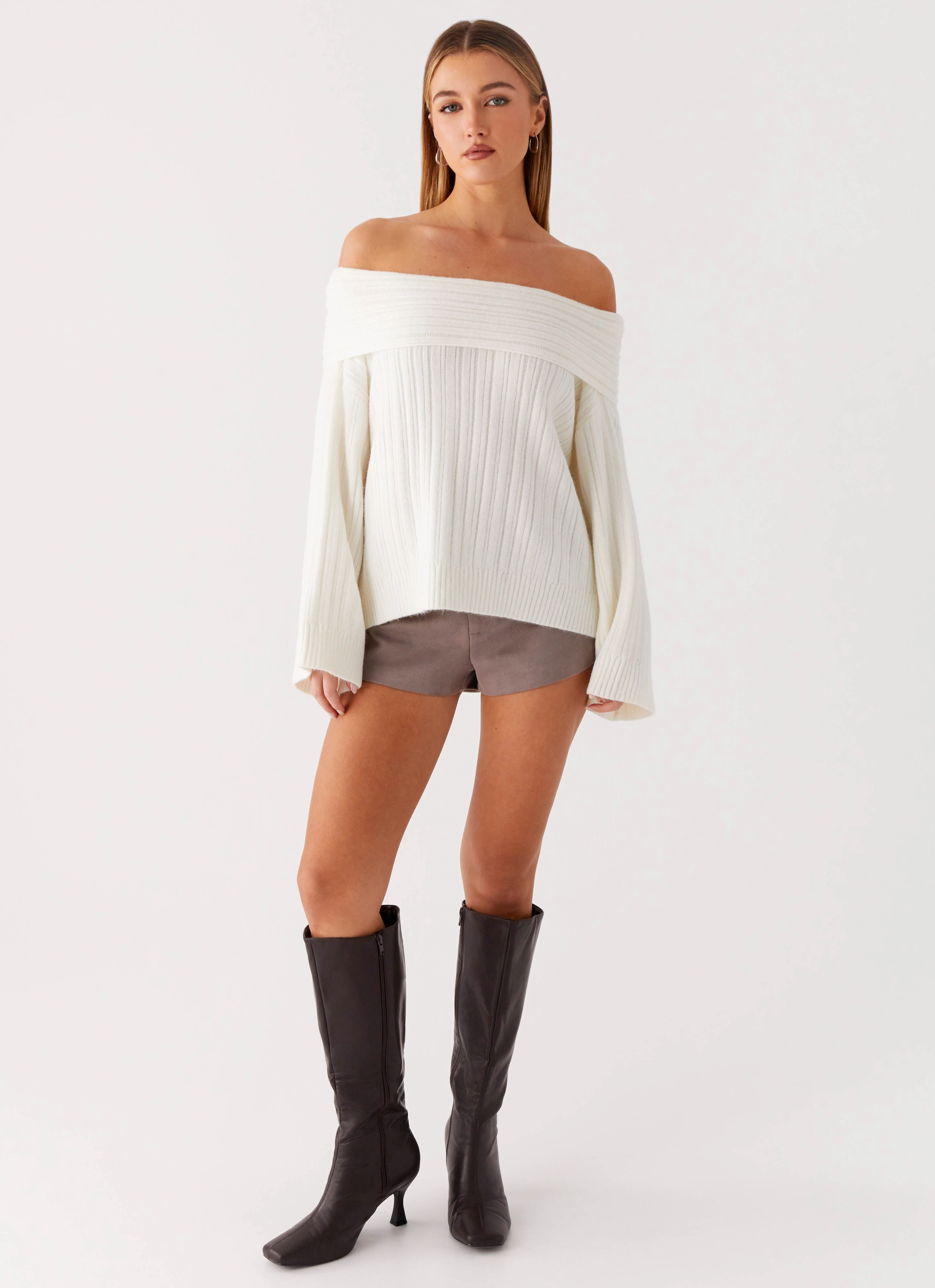 DurableStitching Regular Fit Federica Off Shoulder Knit - White