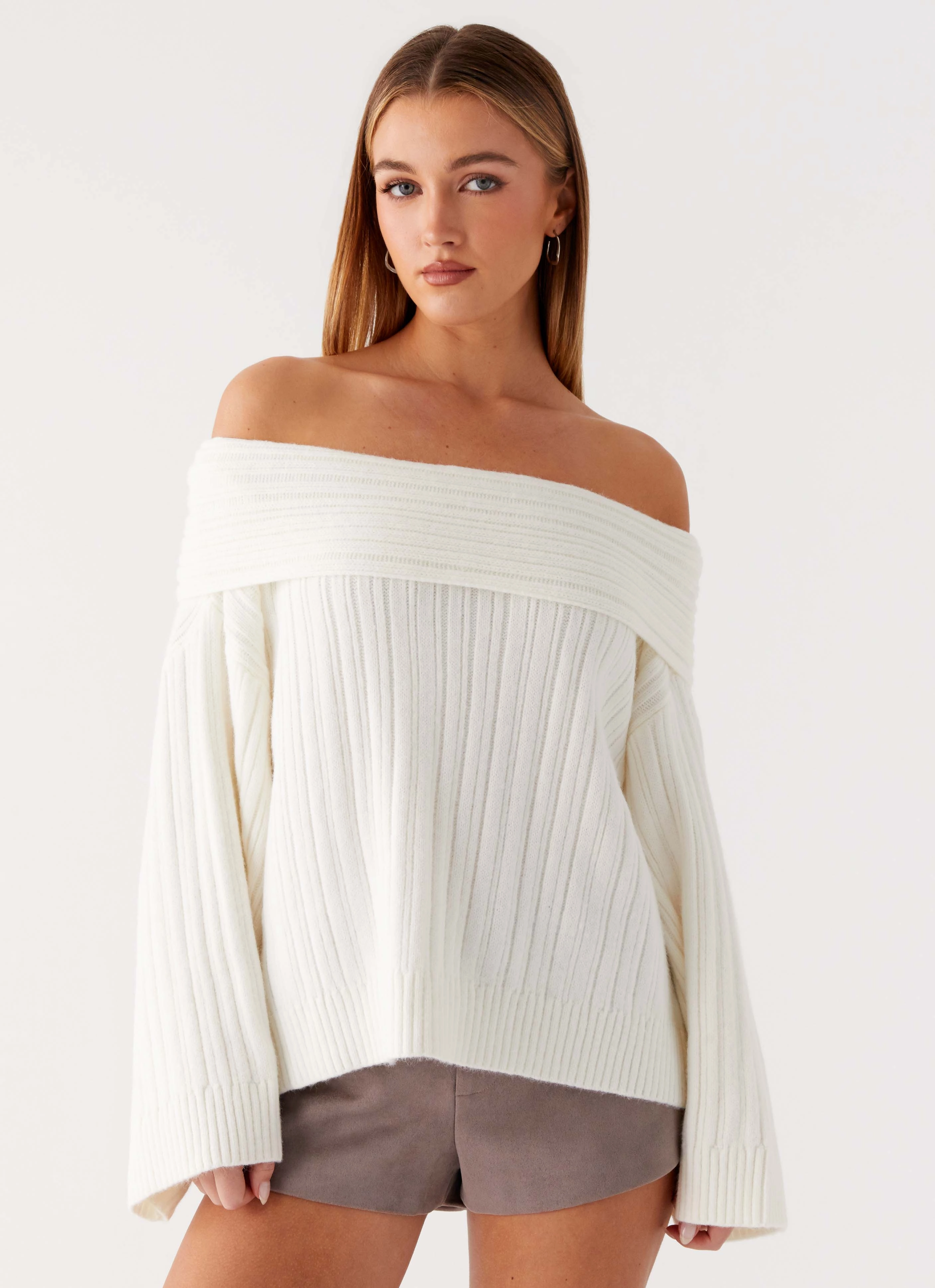 Federica Off Shoulder Knit - White Snag Free Fabric Wrinkle Resistant Treatment