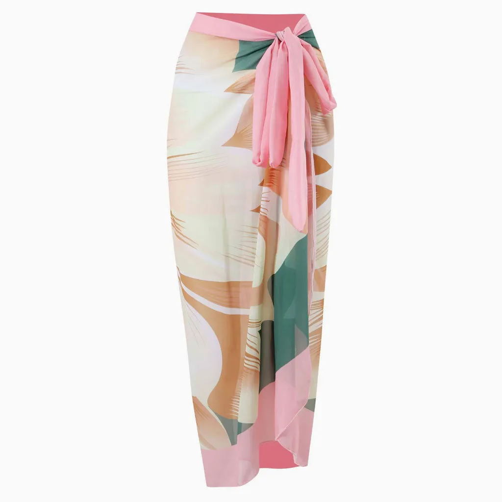 Pretty Print Chiffon Contrast High Waist Tie Knot Cover Up Maxi Beach Sarong