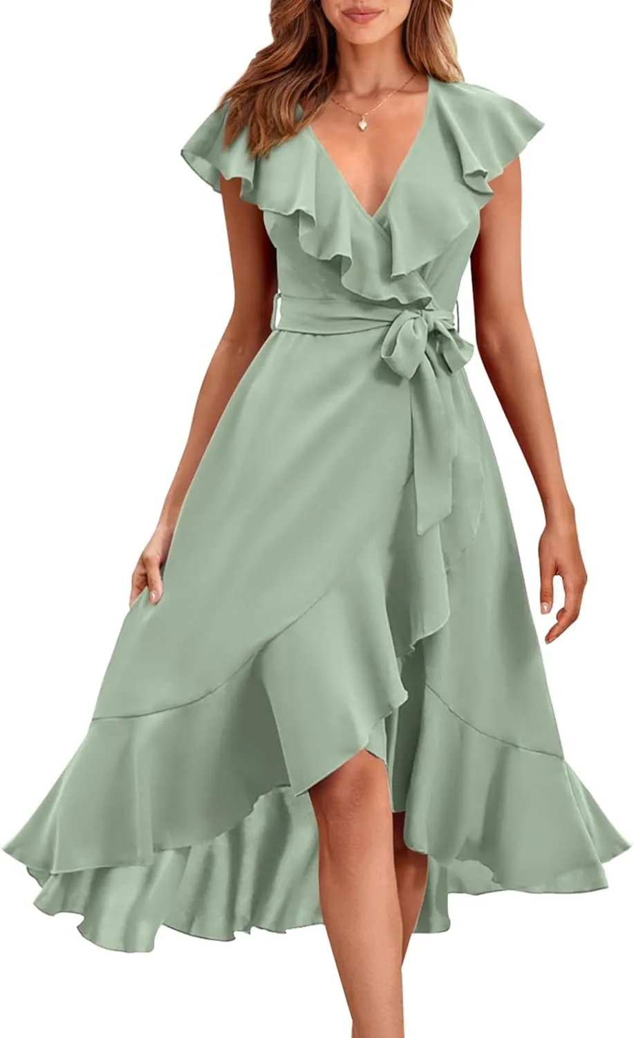 PRETTYGARDEN Women's 2025 Summer Cross Midi Dress Casual Boho Deep V Neck Short Sleeve Ruffle Hem Split Beach Long Dresses