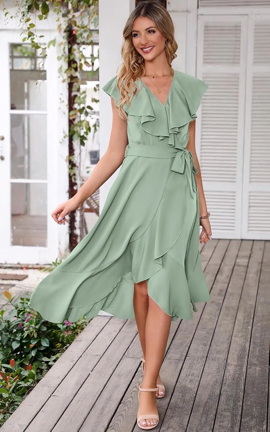PRETTYGARDEN Women's 2025 Summer Cross Midi Dress Casual Boho Deep V Neck Short Sleeve Ruffle Hem Split Beach Long Dresses