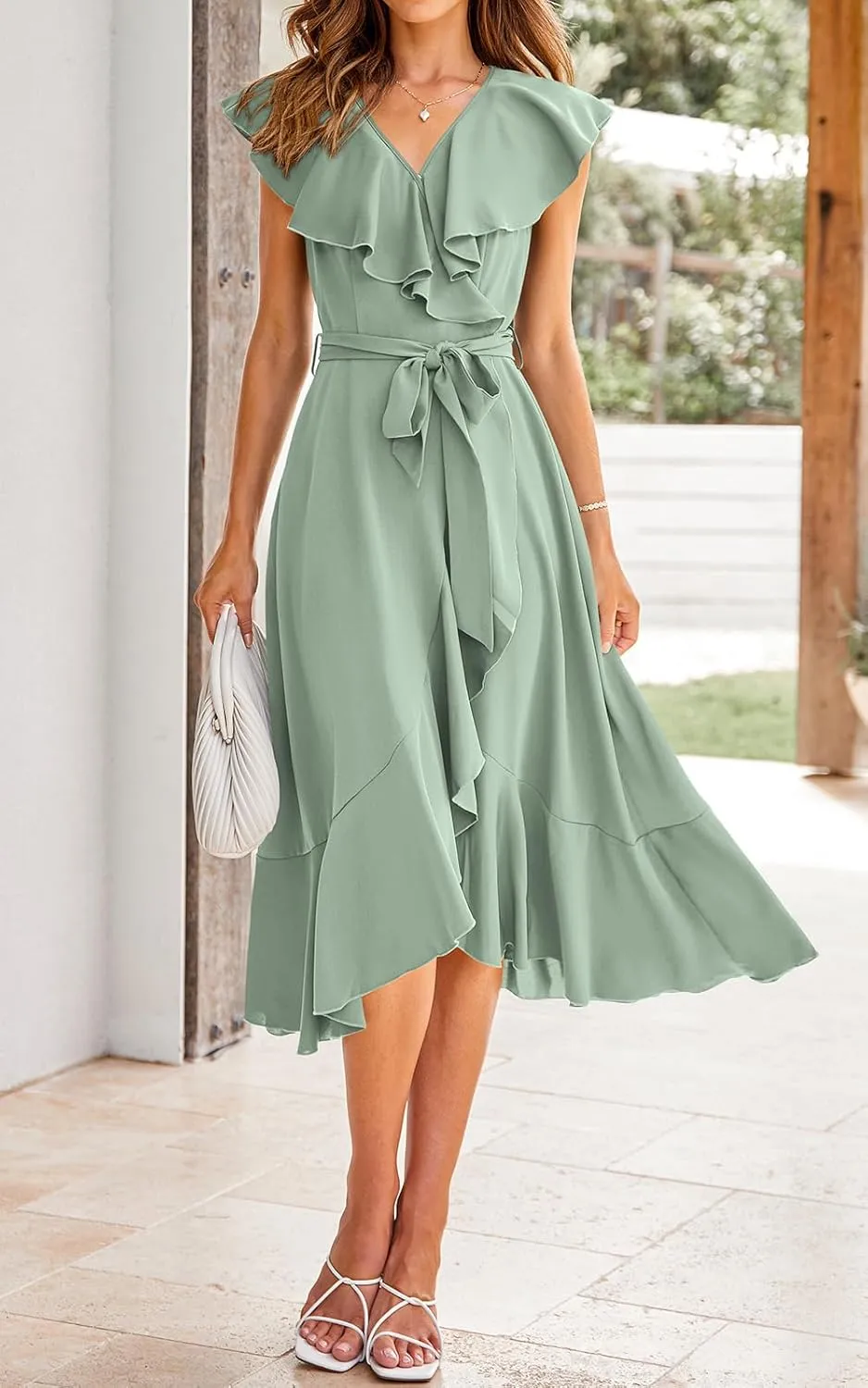 PRETTYGARDEN Women's 2025 Summer Cross Midi Dress Casual Boho Deep V Neck Short Sleeve Ruffle Hem Split Beach Long Dresses