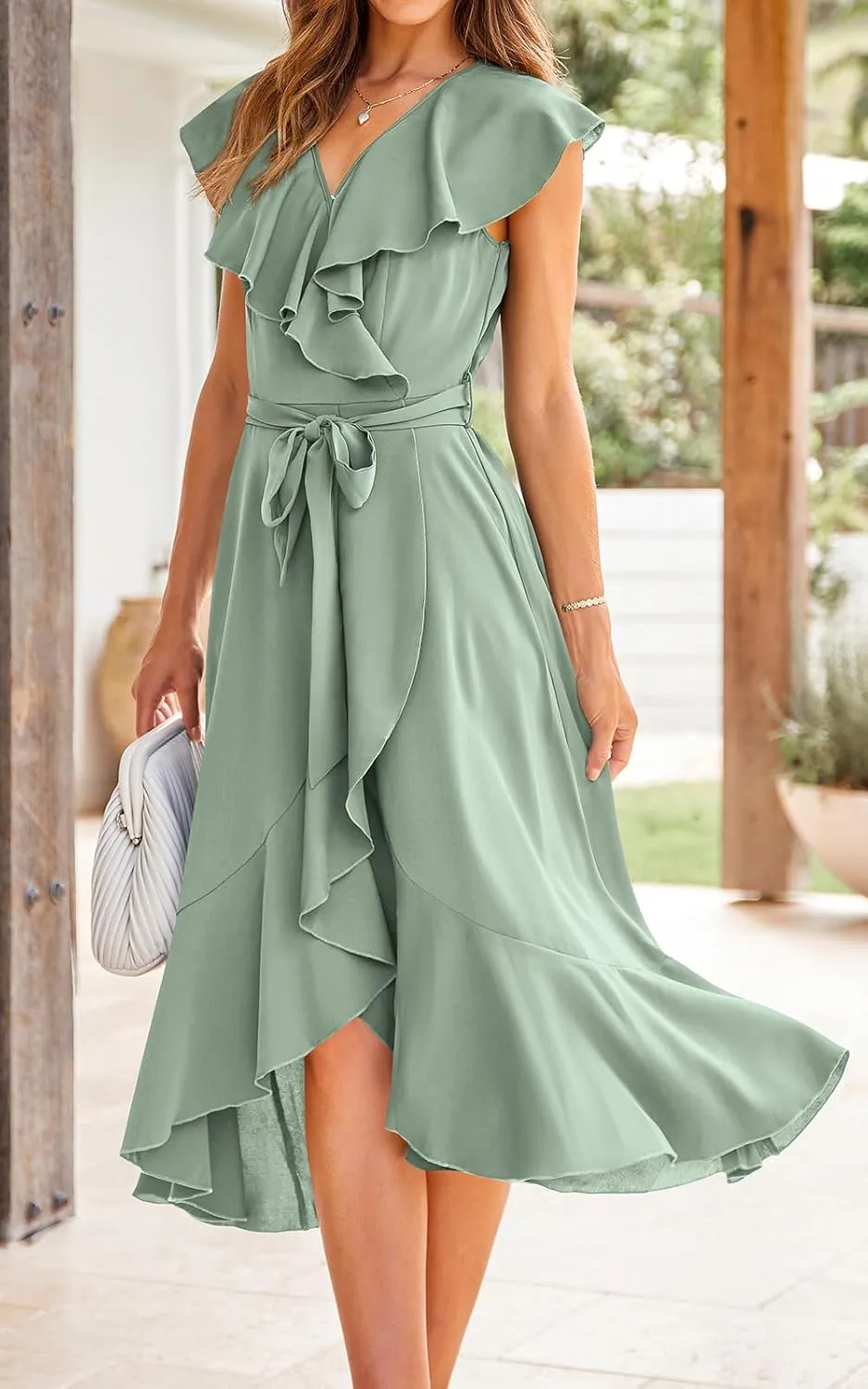 PRETTYGARDEN Women's 2025 Summer Cross Midi Dress Casual Boho Deep V Neck Short Sleeve Ruffle Hem Split Beach Long Dresses