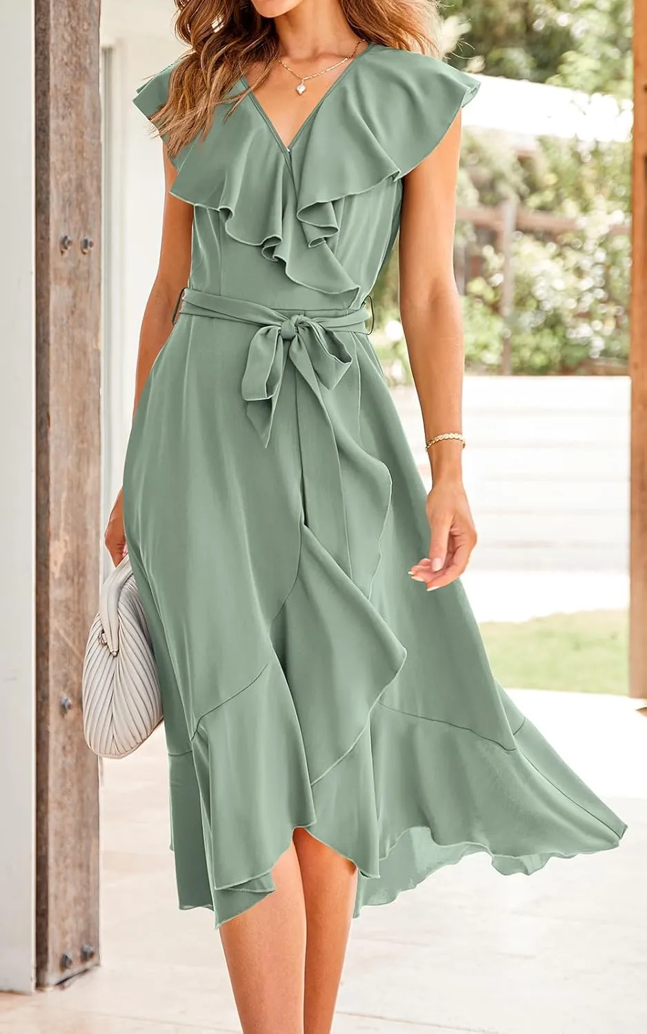 PRETTYGARDEN Women's 2025 Summer Cross Midi Dress Casual Boho Deep V Neck Short Sleeve Ruffle Hem Split Beach Long Dresses